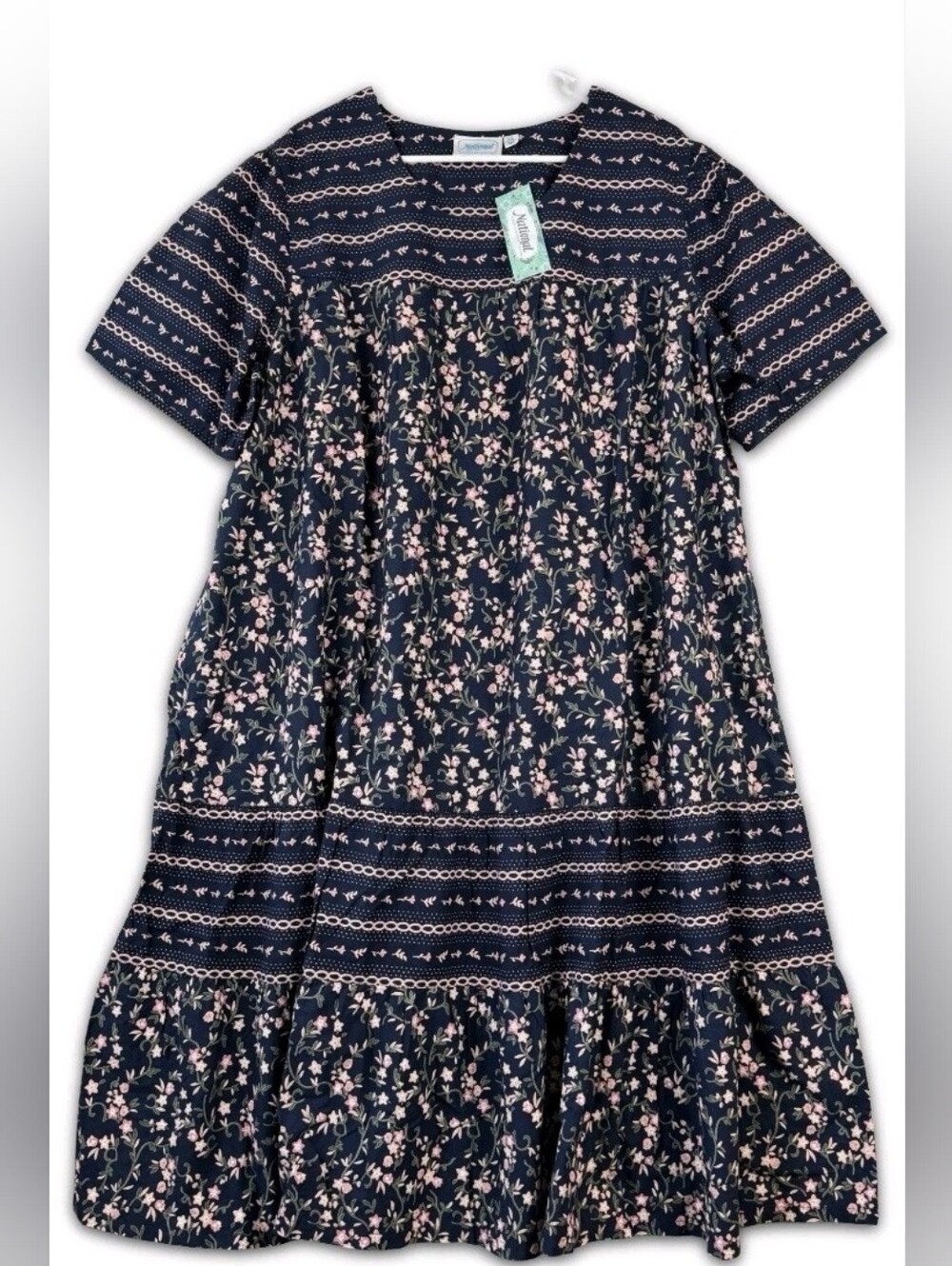 NWT NATIONAL Womens Plus Size Navy Floral House Dress - Picture 2 of 5